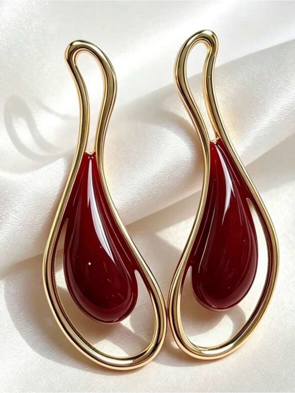 Gold-Frame Teardrop Earrings with Deep Red Resin